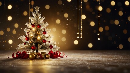 Christmas tree and decorations, elegant gold Christmas winter background