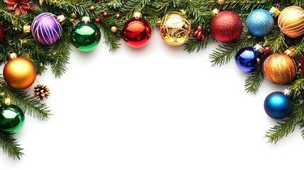 Festive Christmas border of ornaments and fir branches on white.