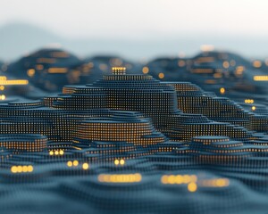 A digitally rendered landscape featuring undulating terrain composed of illuminated dots, creating a futuristic and abstract visual effect.