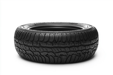 tire is shown in a close up on a white background. The tire is black and has a worn appearance