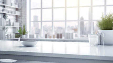 Fototapeta premium A bright and modern kitchen interior with a white table, wooden furniture, and eclectic decor elements Interior of light kitchen with teapot, cup and snacks on table 