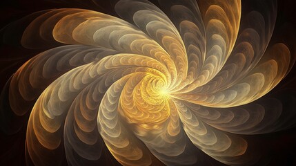 A swirling, abstract design featuring warm tones of gold and cream, creating a mesmerizing spiral pattern that evokes a sense of movement and depth.