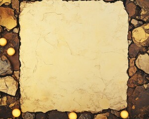 A textured square frame made of stones surrounds a blank center, creating a natural and rustic backdrop. Ideal for presentations or artistic displays.