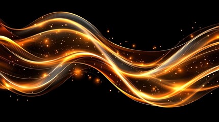 Abstract glowing orange wave with sparkles on black background.