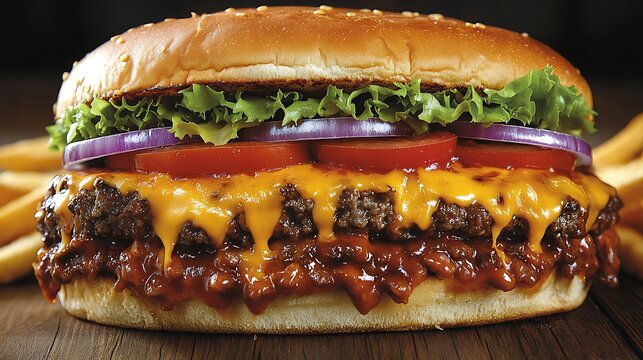 Delicious cheeseburger with chili and toppings - Powered by Adobe