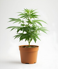Fototapeta premium potted cannabis plant with leaves growing in the pot, white background