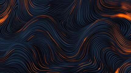 This image features a dynamic wave pattern with flowing lines in dark tones, accented by warm orange highlights, creating an abstract and visually striking design.