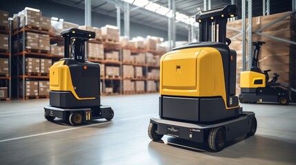 Naklejka premium Robotic forklifts autonomously moving and stacking pallets in a highly automated and efficient smart warehouse environment