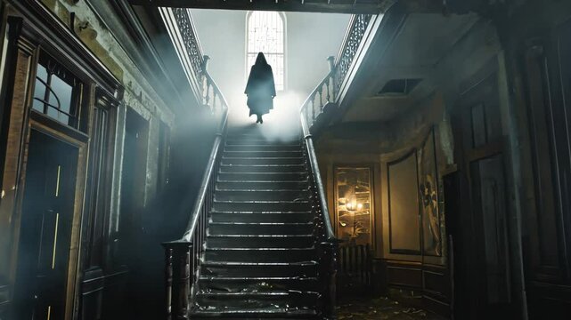 A foreboding dark hallway filled with thick, billowing smoke that creates an unsettling atmosphere, A Victorian era ghost hovering in an abandoned mansion