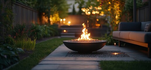 Cozy outdoor space featuring a fire pit surrounded by lush greenery.