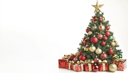 A Festive Christmas Tree Decorated with Red and Gold Ornaments and Surrounded by Wrapped Presents Against a White Background