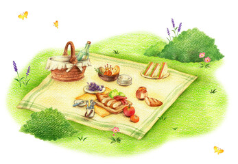 緑の野原で広げられたピクニックのお弁当　手描き色鉛筆画