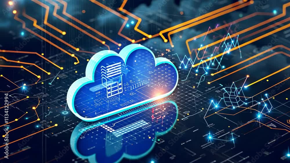 Poster cloud with server on top, a visual representation of the encryption process in cloud storage
