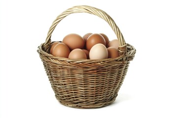 A wicker basket filled with various eggs, showcasing natural colors and textures.