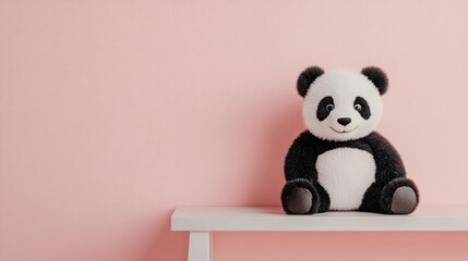 A fuzzy panda toy, leaning against the wall on a small white shelf with pastel pink paint behind it