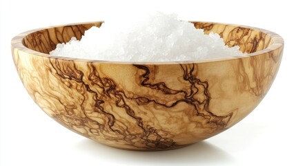 A wooden bowl filled with white salt, showcasing natural textures and colors.