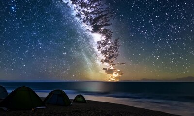 Starry Night Camping on the edge of a pristine sea with waves gently crashing against the shore - Powered by Adobe