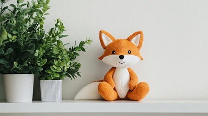 Fototapeta premium A handmade stuffed fox toy, sitting on a sleek white shelf with potted greenery as the backdrop