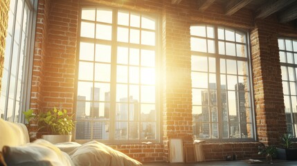 Sunlight streams into loft bedroom with city view.