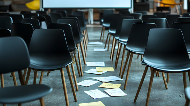 Empty meeting room with scattered budget papers and vacant chairs, symbolizing the aftermath of intense decision-making and strategic planning sessions.
