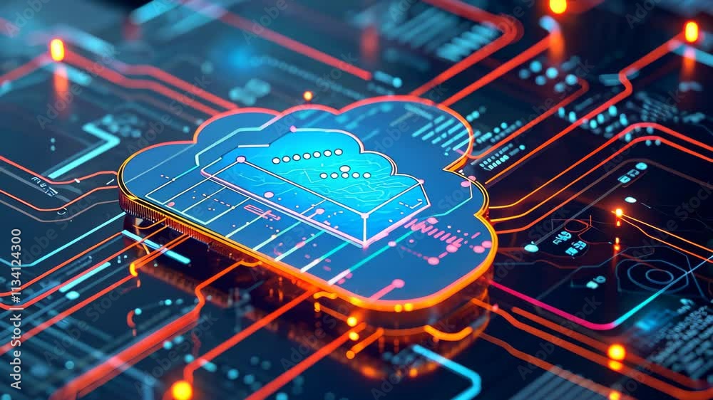 Poster a cloud hovers atop a computer chip, creating a juxtaposition between nature and technology, a visua
