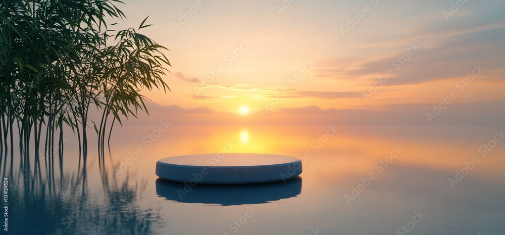 Poster serene sunset over calm water with a circular platform and bamboo.