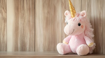 A soft pink stuffed unicorn with a golden horn, placed on a minimalist shelf with a warm wooden...