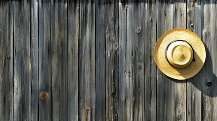 Fototapeta premium A straw hat hanging on a weathered wooden fence, evoking a rustic, leisurely atmosphere.