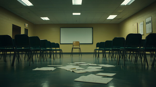 Empty meeting room with scattered budget papers and vacant chairs, symbolizing the aftermath of intense decision-making and strategic planning sessions.