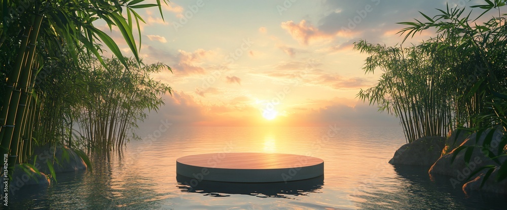 Poster serene sunset over calm waters with a circular platform and bamboo.