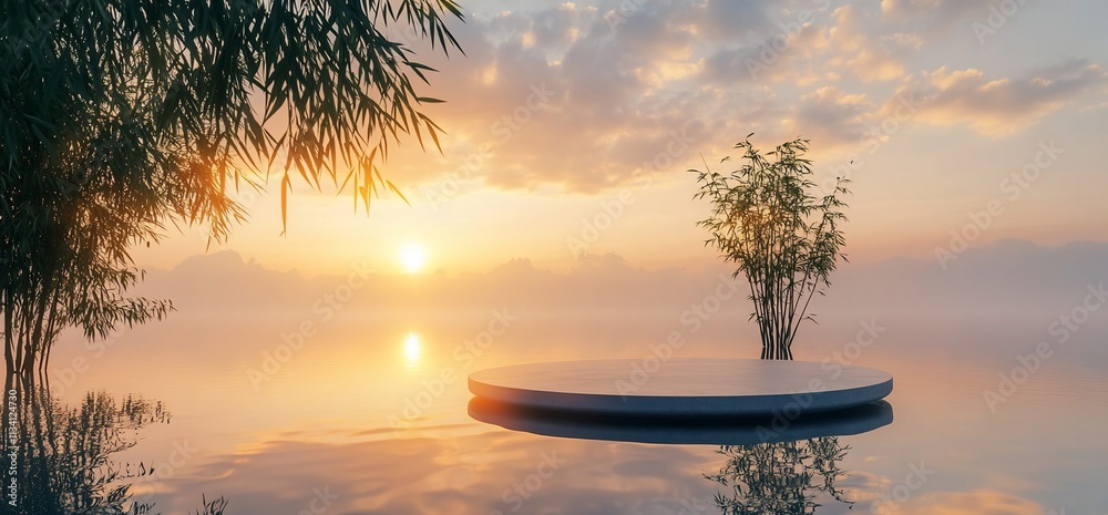Poster serene sunset over a calm lake with a circular platform and plants.