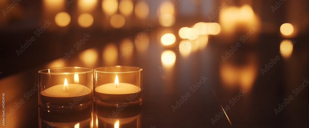 Poster softly lit candles create a warm, inviting atmosphere on a table.