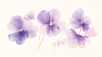 Fototapeta premium Minimalist watercolor violets in soft light purple hues, gently arranged on a pale background, creating a serene and delicate composition 