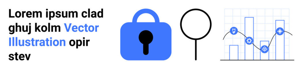 Blue lock icon, magnifying glass, bar and line chart. Ideal for cybersecurity, data protection, analytics, finance, research, business insights. Banner for landing page