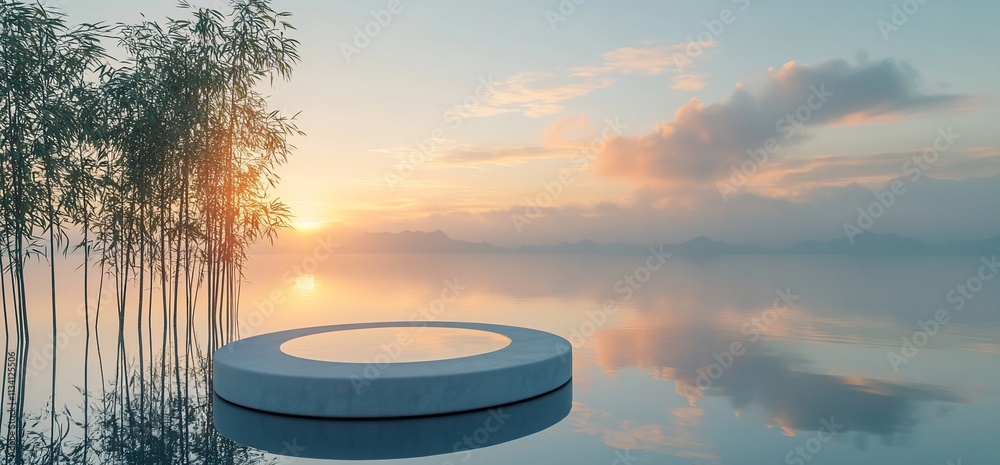 Poster tranquil landscape with a circular platform reflecting a serene sunset.
