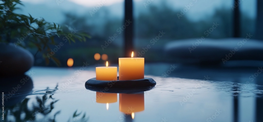 Poster two glowing candles on a stone base, reflecting on a serene surface.