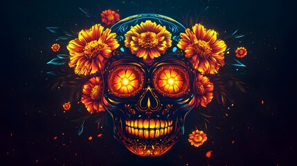A sugar skull adorned with glowing marigolds in luminous yellow and red, radiating vibrant colors in celebration of the Day of the Dead, set against a dark background 
