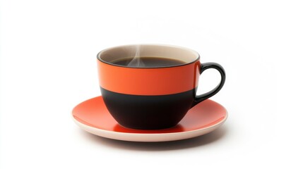 A steaming cup of coffee in a stylish two-tone mug on a matching saucer.
