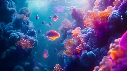 Fototapeta premium A surreal underwater scene featuring glowing, multicolored coral and neon fish swimming through vibrant waters, visualizing an imaginative and fantastical ocean world 