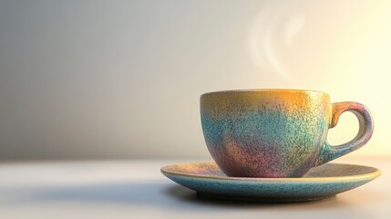 Obraz premium A colorful ceramic cup with steam on a plate, suggesting warmth and comfort.