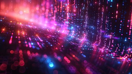 Obraz premium Vibrant purple and pink digital light grid with glowing particles, creating a futuristic abstract ambiance.