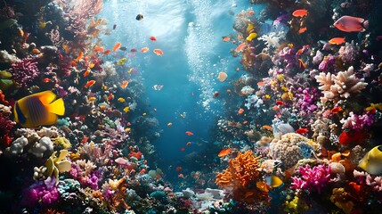 Naklejka premium A vivid underwater scene showing a dying coral reef surrounded by colorful sea creatures, illustrating the effects of ocean pollution and climate change on marine ecosystems 