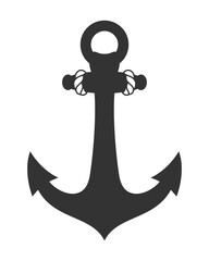 Simple shape of vintage anchor isolated on white background. Silhouette of sea anchor with rope. Vector illustration