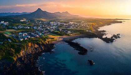 Obraz premium Coastal Town Sunset Aerial View