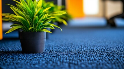 Abstract blur soft focus of modern cleaning workplace interior in blue with orange shine light ideal for design concepts focused on modern office environments, cleanliness, and bright lighting