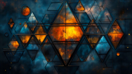 Fototapeta premium Futuristic abstract artwork with glowing geometric shapes, vibrant blue and orange gradients, inspired by cosmic and sci-fi designs
