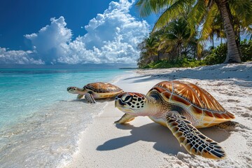 Sea turtles walking on tropical beach in saona island, dominican republic