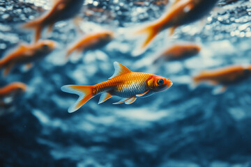 Naklejka premium Against the stream, opposite concept, leader goldfish