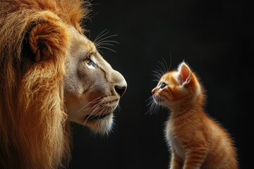 Majestic lion and adorable kitten sharing a moment of connection