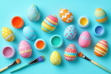 Colorful easter eggs painting with paint and brushes on turquoise background